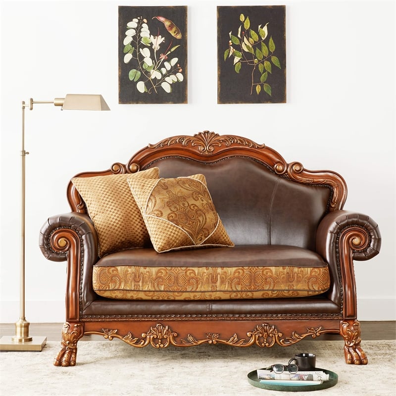 ACME Dresden Loveseat w/2 Pillows in Brown Synthetic Leather & in Cherry Oak