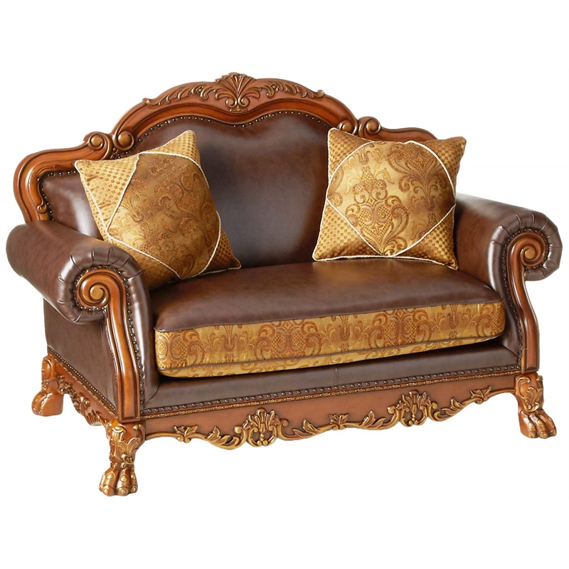 ACME Dresden Loveseat w/2 Pillows in Brown Synthetic Leather & in Cherry Oak