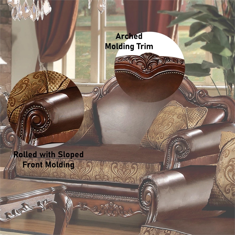 ACME Dresden Loveseat w/2 Pillows in Brown Synthetic Leather & in Cherry Oak