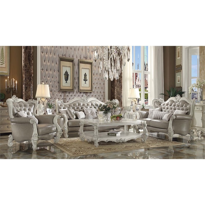 ACME Versailles Sofa w/7 Pillows in Vintage Gray Synthetic Leather & Bone White