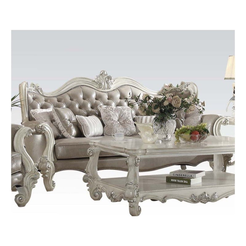 ACME Versailles Sofa w/7 Pillows in Vintage Gray Synthetic Leather & Bone White