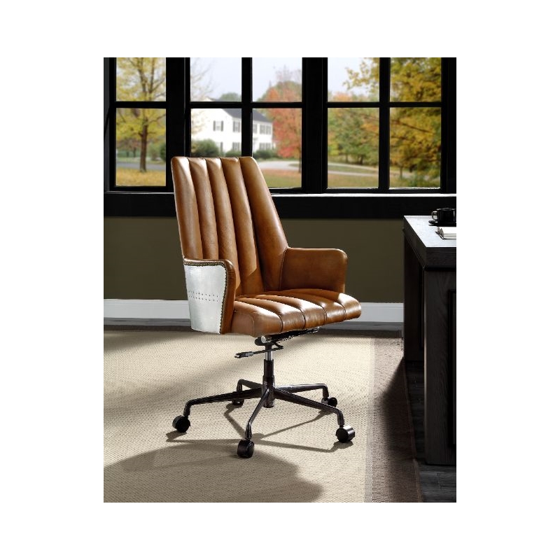 ACME Salvol Swivel Office Chair in Sahara Top Grain Leather & Aluminum