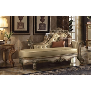 ACME Vendome Chaise w/2 Pillows in Bone Synthetic Leather & Gold Patina