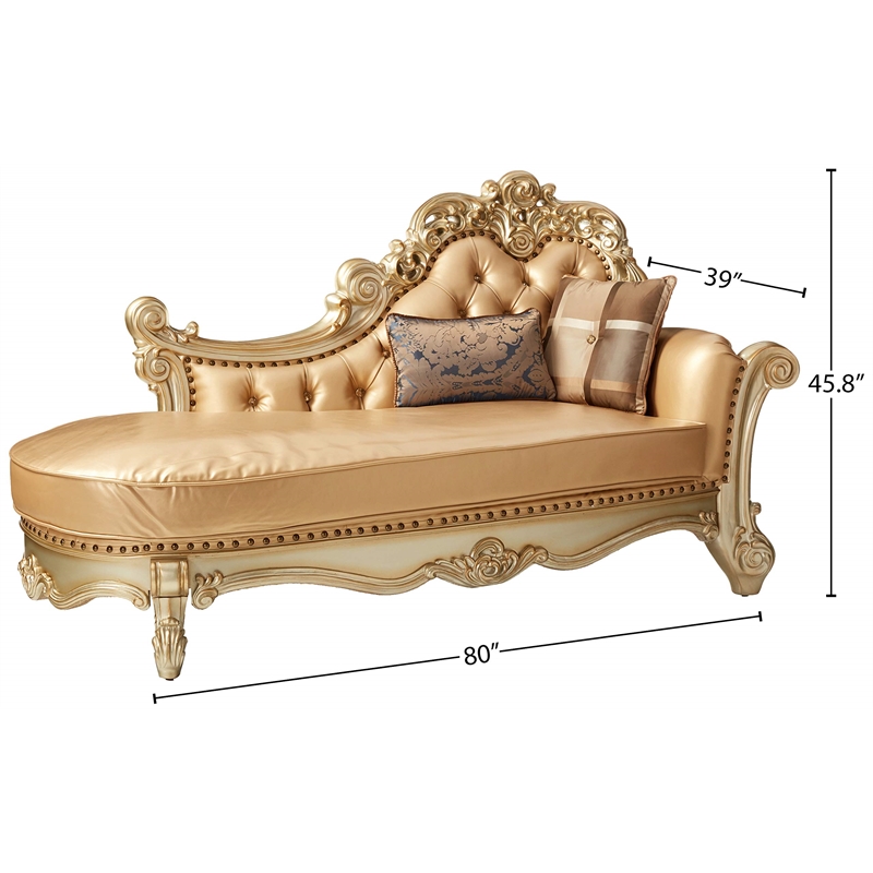 ACME Vendome Chaise w/2 Pillows in Bone Synthetic Leather & Gold Patina