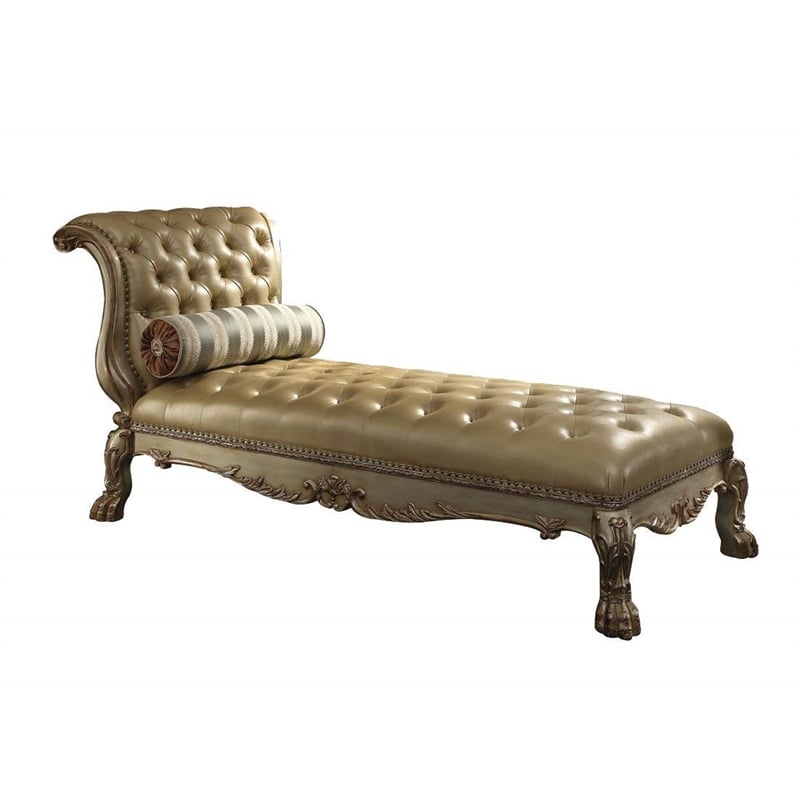 ACME Dresden Chaise w/Pillow in Bone Synthetic Leather & Gold Patina