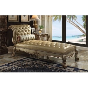 ACME Dresden Chaise w/Pillow in Bone Synthetic Leather & Gold Patina