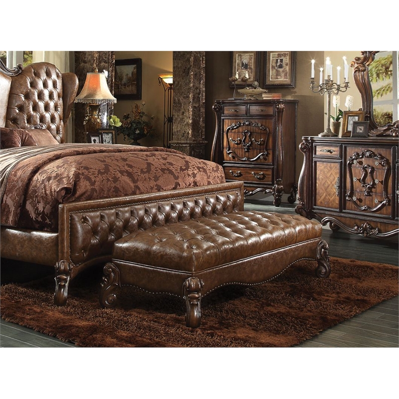 ACME Versailles Bench in Two Tone Light Brown Synthetic Leather & Cherry Oak
