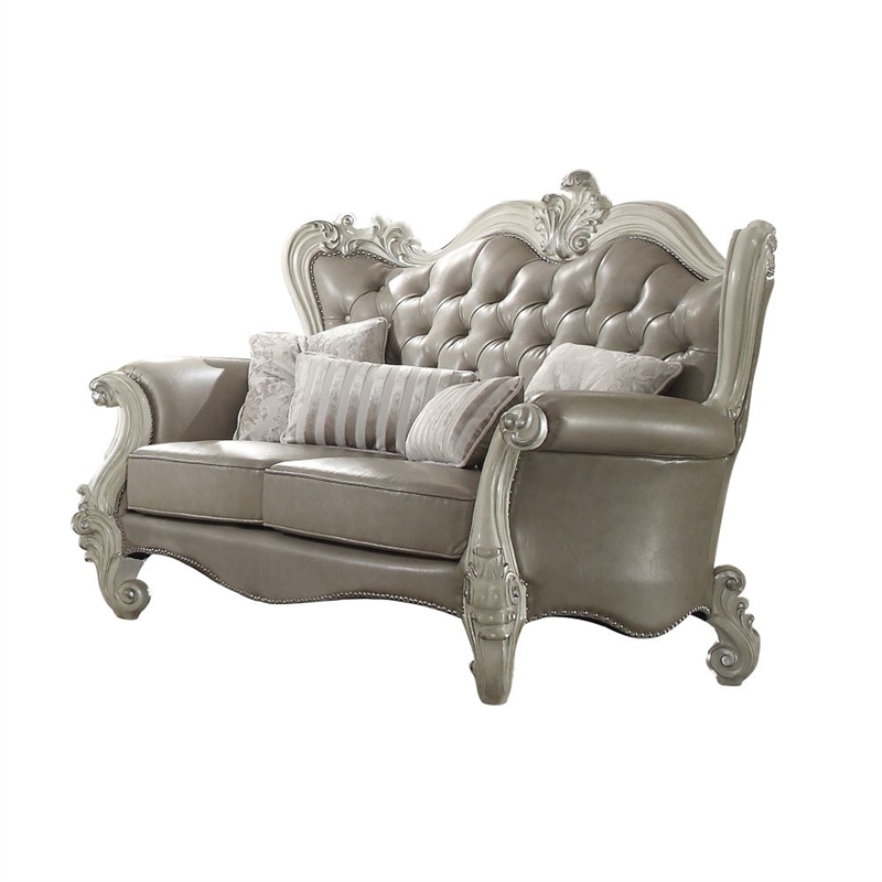 ACME Versailles Loveseat w/4 Pillows in Gray Synthetic Leather & Bone White