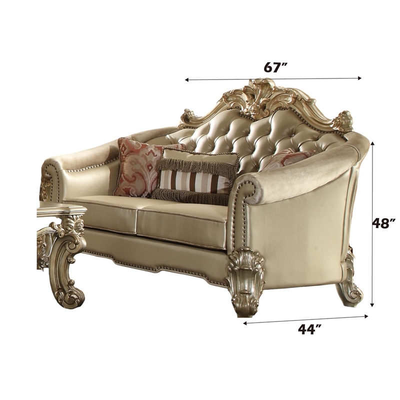 ACME Vendome II Loveseat w/3 Pillows in Bone Synthetic Leather & Gold Patina