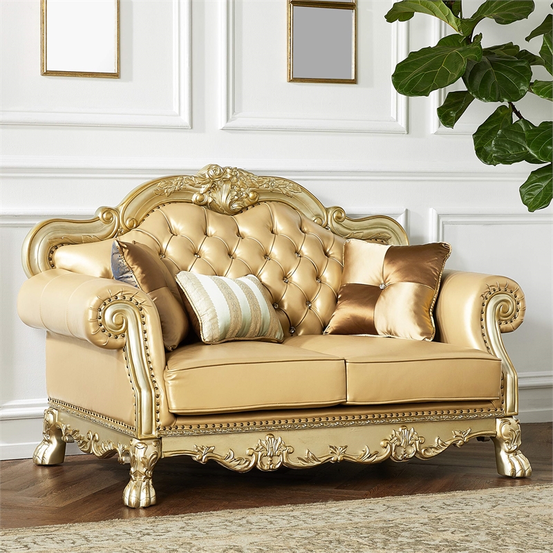 ACME Dresden Loveseat w/3 Pillows in Bone Synthetic Leather & Gold Patina