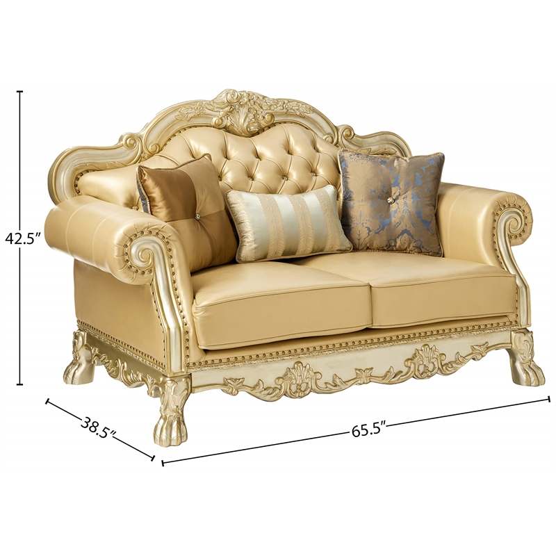ACME Dresden Loveseat w/3 Pillows in Bone Synthetic Leather & Gold Patina