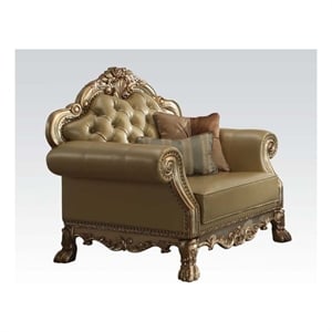 ACME Dresden Chair w/2 Pillows in Bone Synthetic Leather & Gold Patina