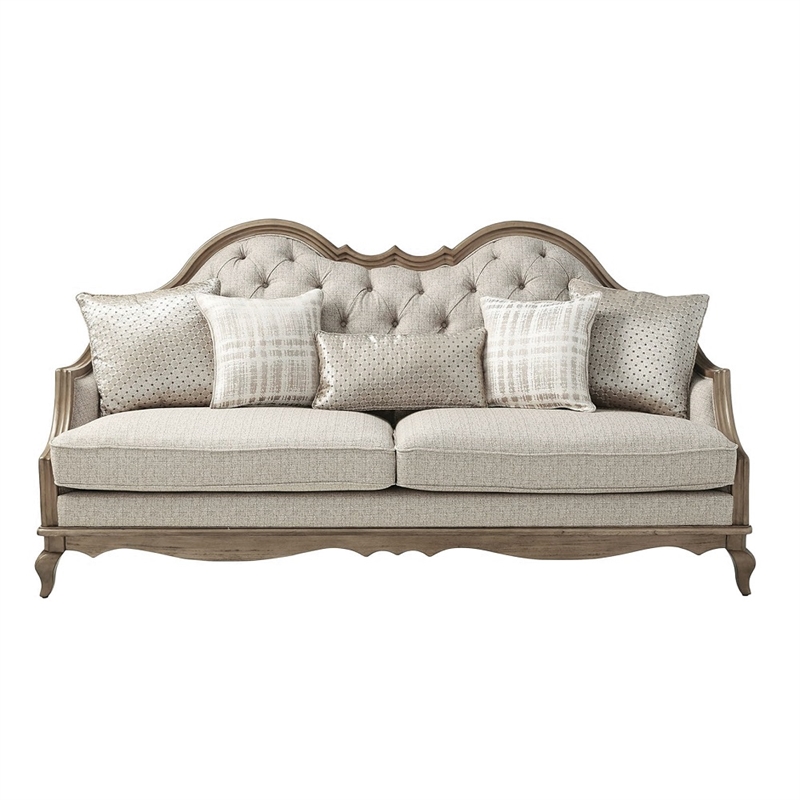 ACME Chelmsford Sofa w/5 Pillows in Beige Fabric & Antique Taupe
