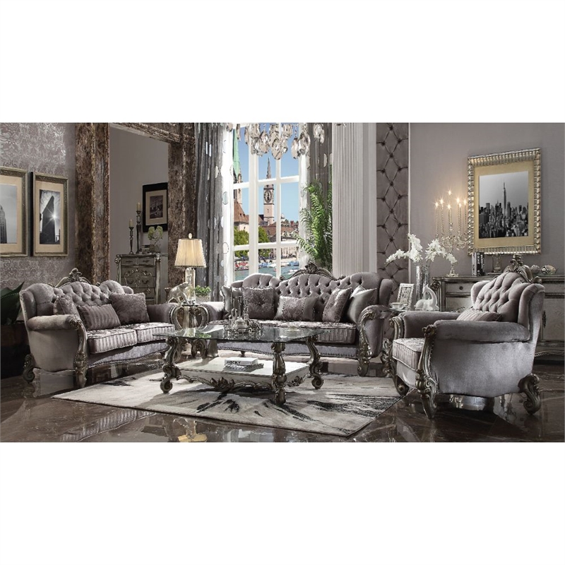 ACME Versailles Chair w/Pillow in Velvet & Antique Platinum
