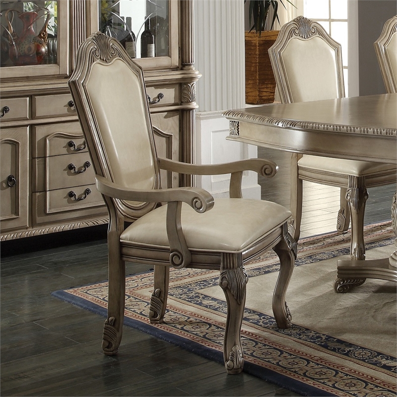 ACME Chateau de Ville Arm Chair (Set-2) in Synthetic Leather & Antique White