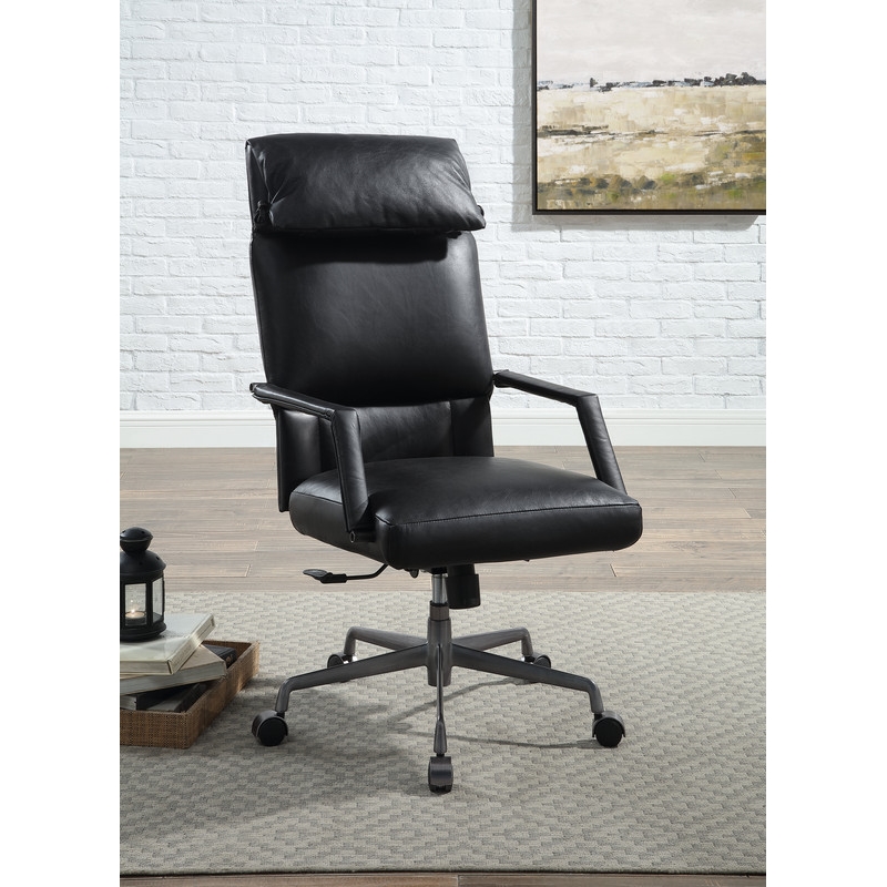 ACME Dart Swivel Office Chair in Vintage Black Top Grain Leather & Iron