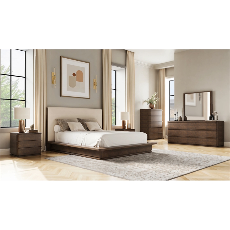 ACME Mikko Eastern King Bed in Cream Linen & Brown Oak