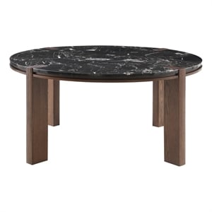 ACME Estella Round Dining Table in Black Natural Marble Top & Walnut