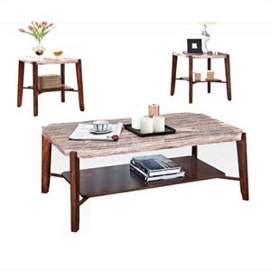 acme furniture nadav 3-piece square wood & faux marble table set in walnut