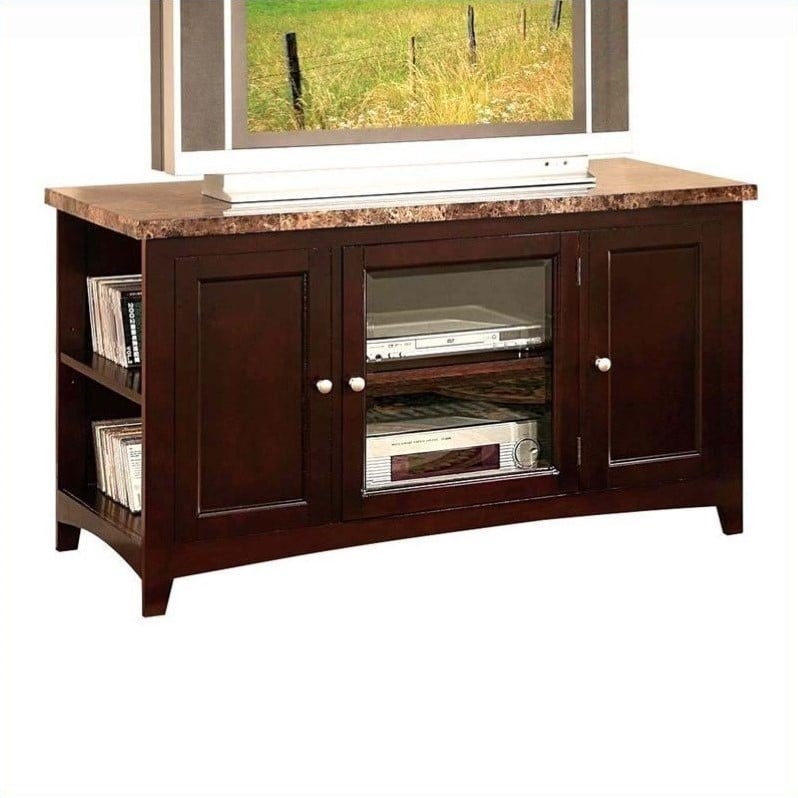 ACME Finely Wooden Faux Marble Top TV Stand with Shelves and Doors in Espresso