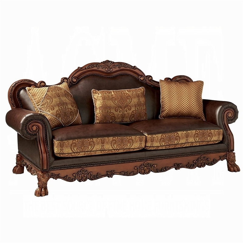 ACME Dresden Rolled Arm Upholstered Faux Leather Sofa with 3 Pillows in Brown