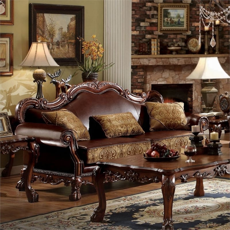 ACME Dresden Rolled Arm Upholstered Faux Leather Sofa with 3 Pillows in Brown