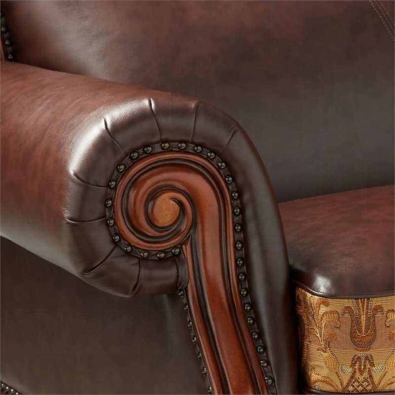 ACME Dresden Rolled Arm Upholstered Faux Leather Sofa with 3 Pillows in Brown