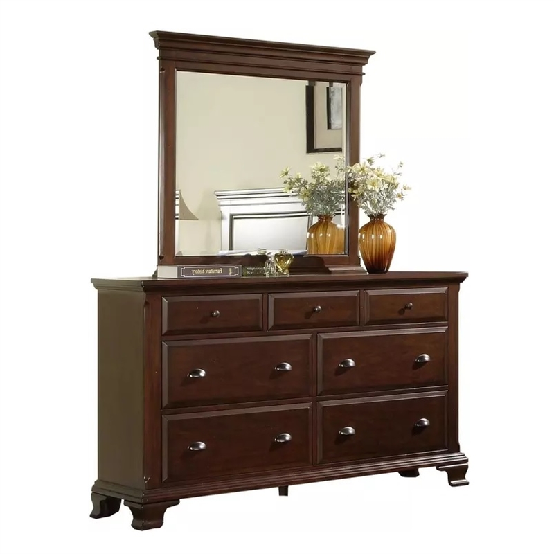 Picket House Furnishings Brinley Solid Wood Bedroom Dresser and Mirror in Cherry