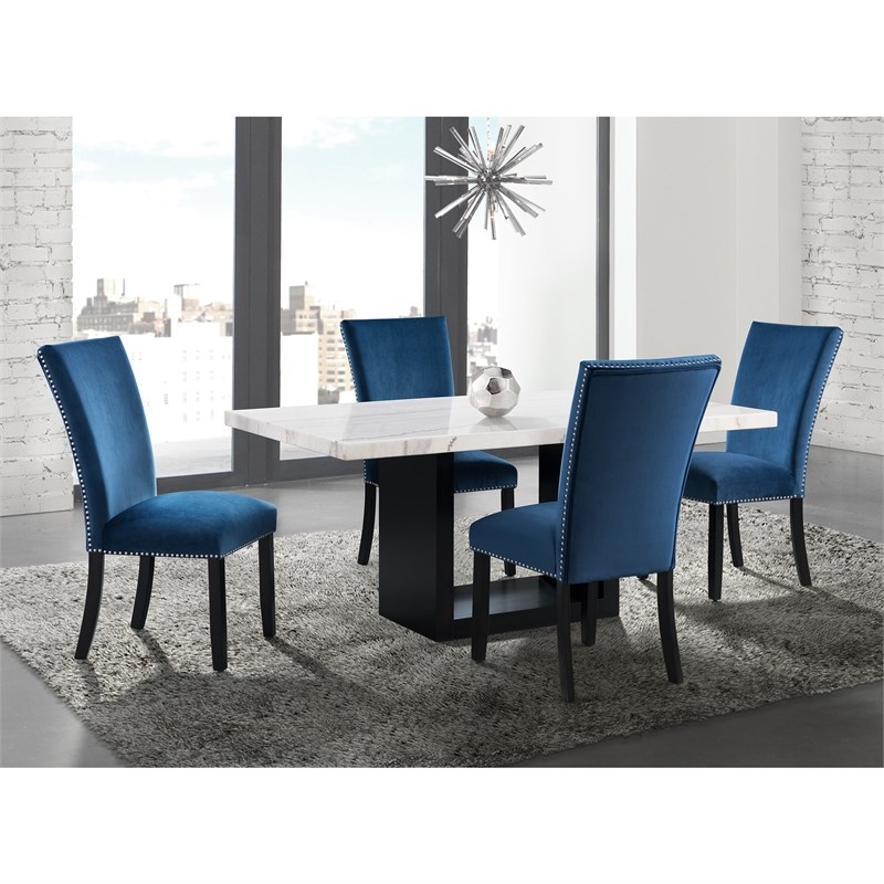 Picket House Furnishings Willow White Marble 5PC Dining Set with Blue Chairs