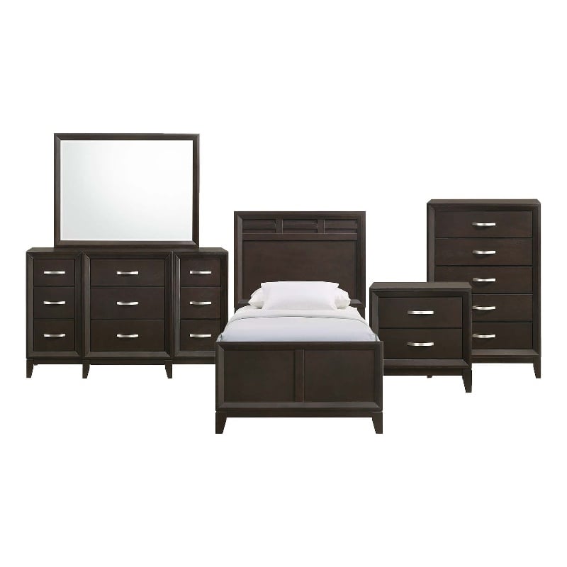 Picket House Furnishings Warren Twin Panel 5PC Wood Bedroom Set in Merlot