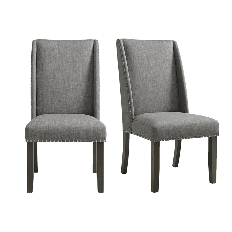 Picket House Furnishings Eve Side Chair Set-Grey Fabric & Nail Heads in Charcoal