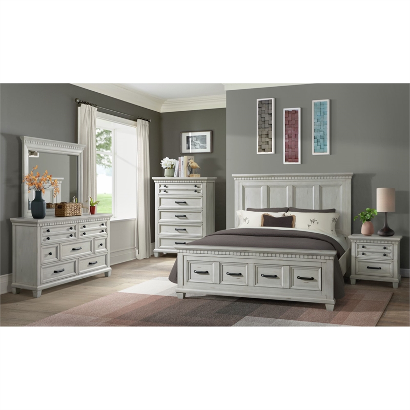 Picket House Furnishings Windom King Storage 5PC Bedroom Set in Antique White