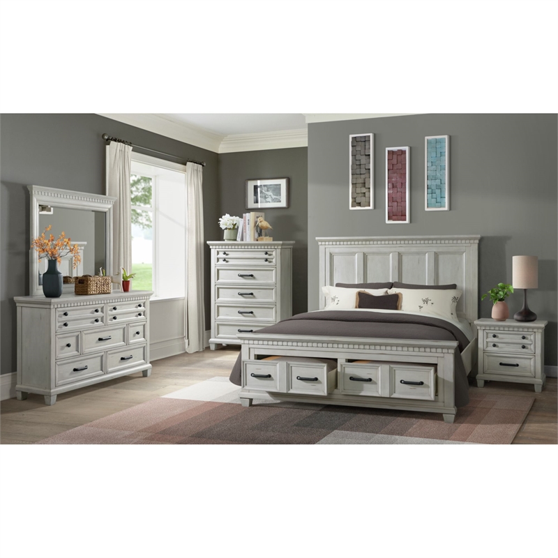 Picket House Furnishings Windom King Storage 5PC Bedroom Set in Antique White