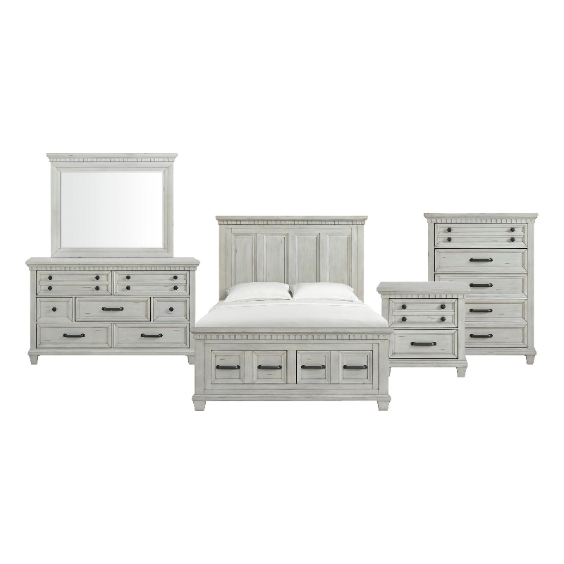 Picket House Furnishings Windom Queen Storage 5PC Bedroom Set in Antique White