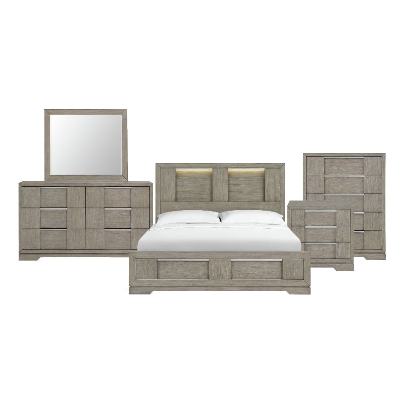 Picket House Furnishings Argo King Panel 5PC Bedroom Set with LED in Gray