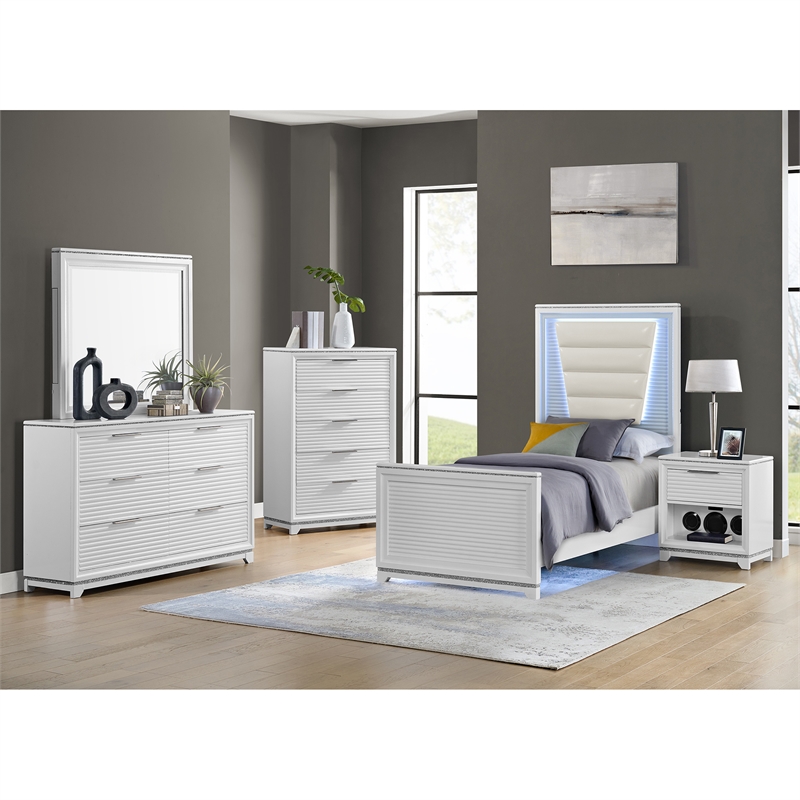 Picket House Furnishings Xena Twin UPH Bed with Lights in White