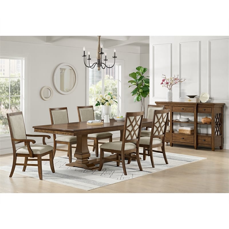 Picket House Furnishings Stark Dining Arm Chair Set with Gray Fabric in Cherry