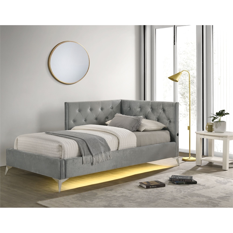 Picket House Furnishings Juniper Twin UPH Corner Bed with LED and USB in Grey