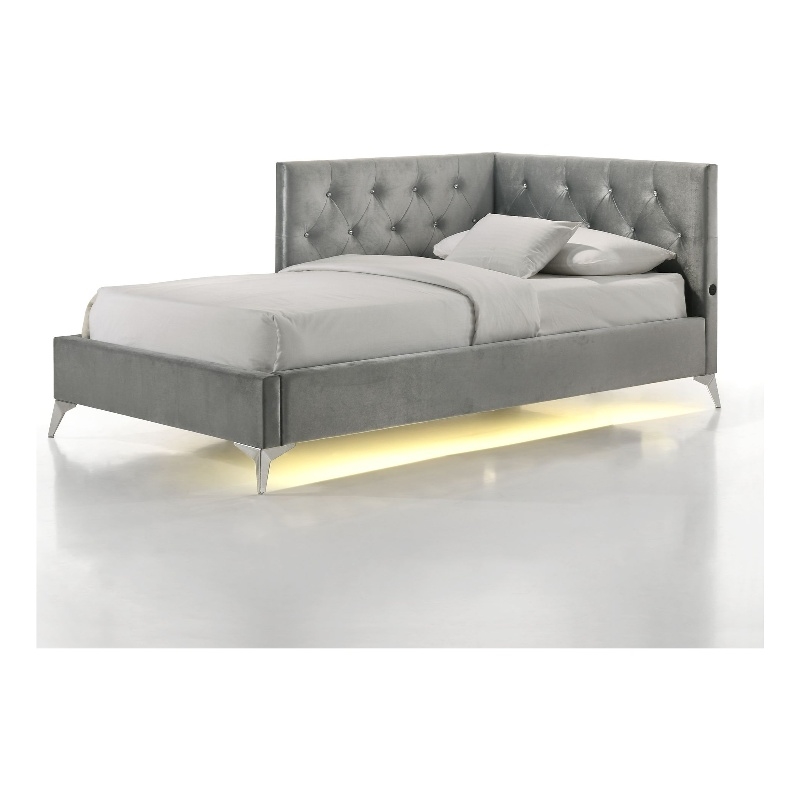 Picket House Furnishings Juniper Twin UPH Corner Bed with LED and USB in Grey
