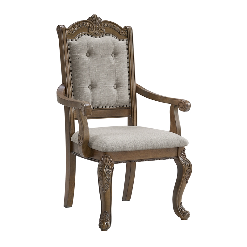 Picket House Furnishings Denali Dining Arm Chair Set with Beige Fabric in Walnut