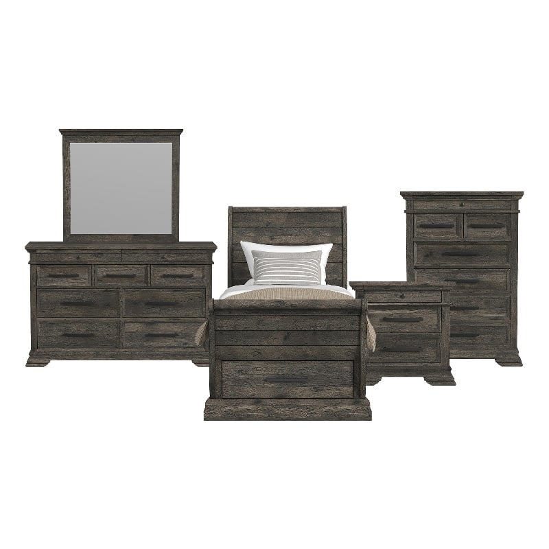 Hyde Twin Sleigh Storage 5PC Bedroom Set in Charcoal