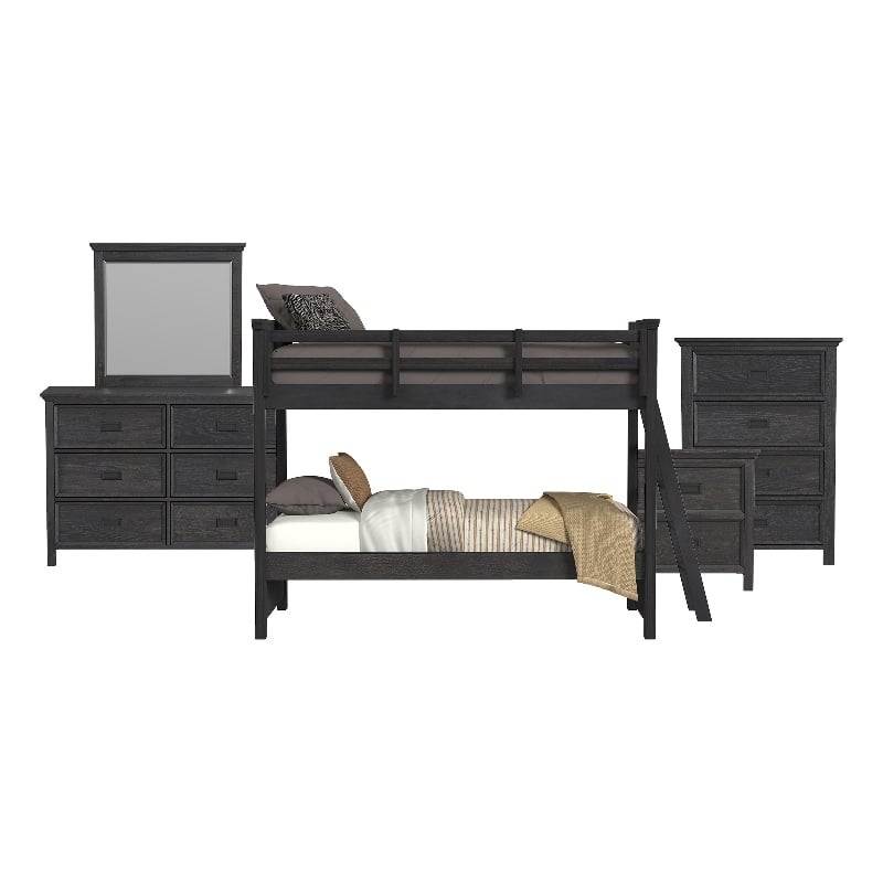 Brooklyn Kids Twin Over Twin Bunk with Ladder 5PC Bedroom Set in Charcoal