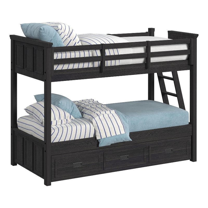 Brooklyn Kids Twin Over Twin Bunk with Ladder and Trundle in Charcoal
