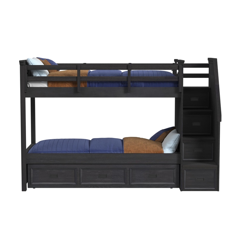 Brooklyn Kids Twin Over Twin Bunk with Staircase and Trundle in Charcoal