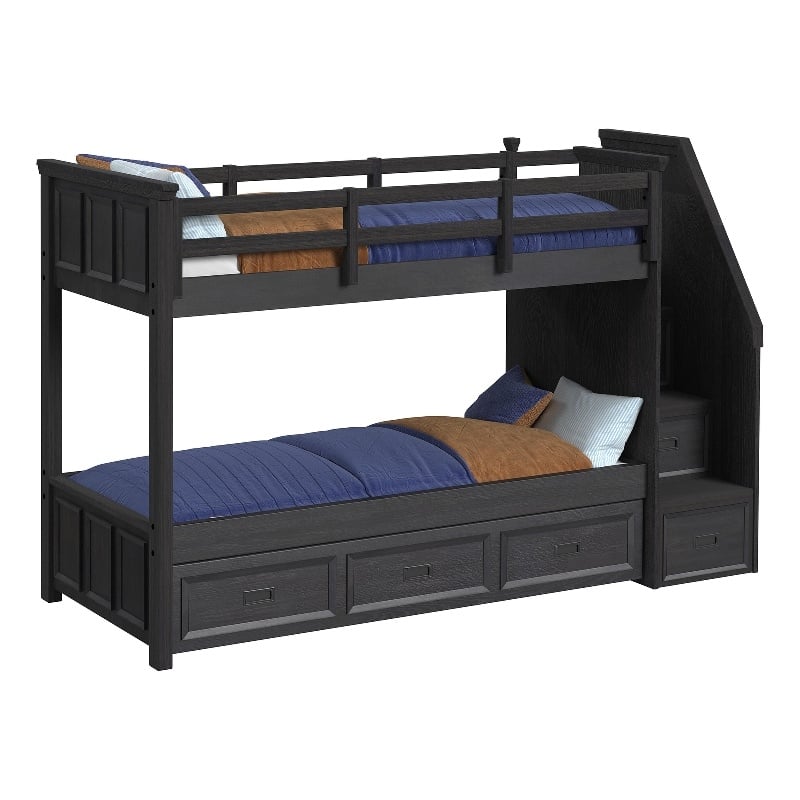 Brooklyn Kids Twin Over Twin Bunk with Staircase and Trundle in Charcoal