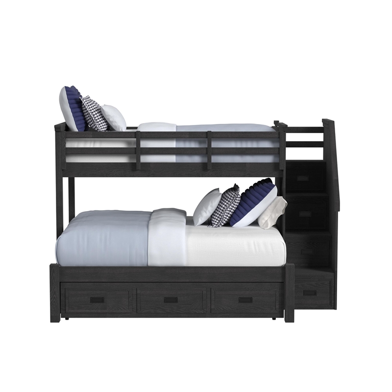 Brooklyn Kids Twin Over Full Bunk with Staircase and Trundle in Charcoal
