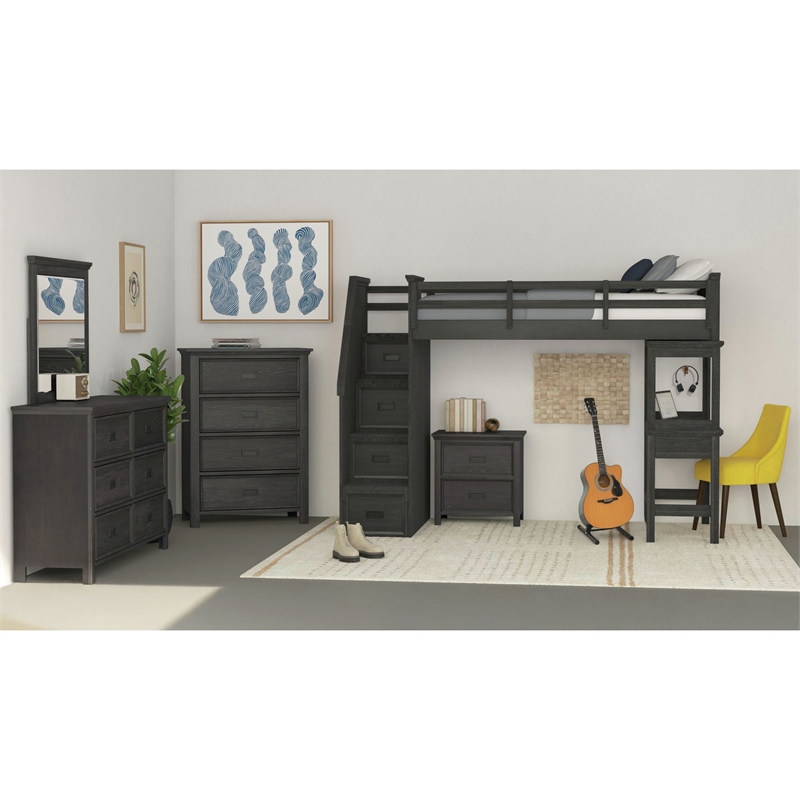 Brooklyn Kids Twin Loft with Staircase and Desk with Speaker in Charcoal