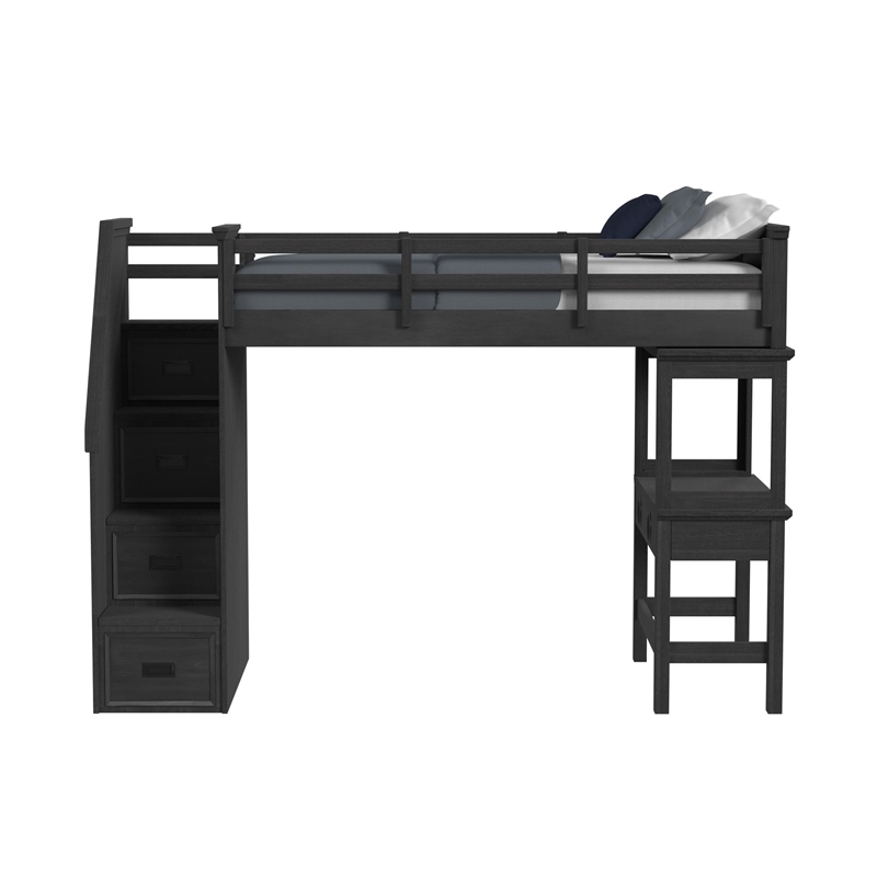 Brooklyn Kids Twin Loft with Staircase and Desk with Speaker in Charcoal