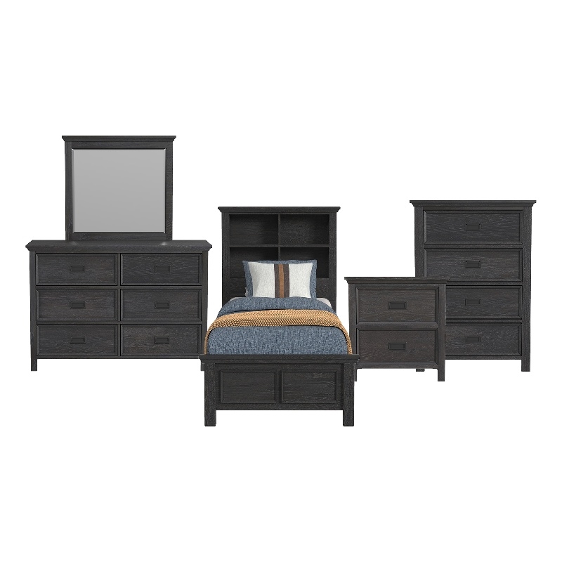 Brooklyn Kids Twin Bookcase 5PC Bedroom Set in Charcoal