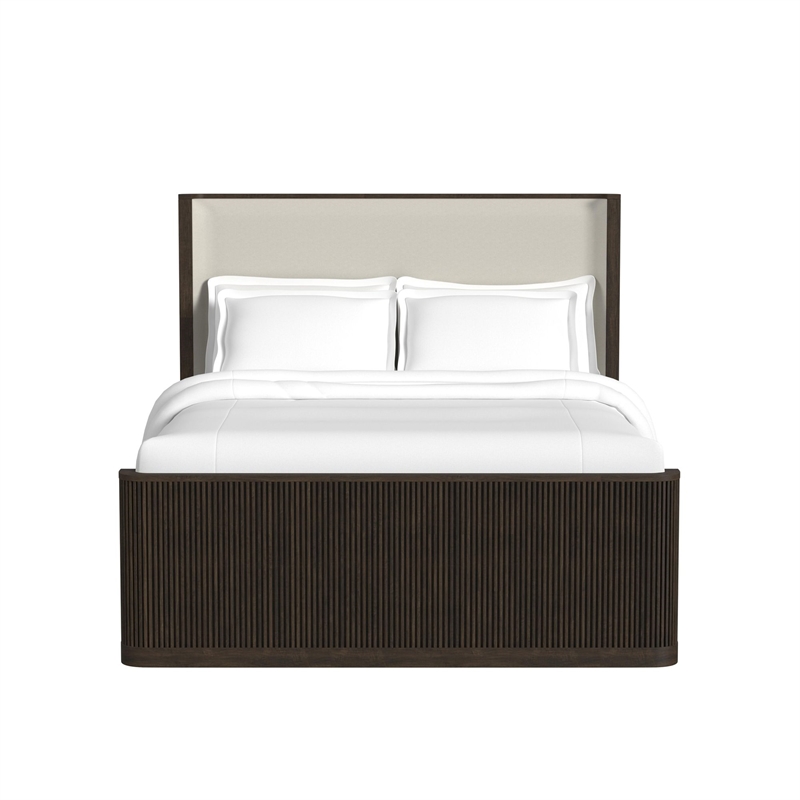 Sutton Queen UPH Bed with White Fabric in Dark Brown